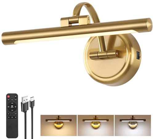 Rechargeable Picture Light for Wall, Dimmable Art Lights for Painting, Battery Operated Wall Sconce with Remote, 3 light Color,Timer & Brightness Setting for Artwork, Gallery(Brass, 12inch) - color: Brass, size: 12inch