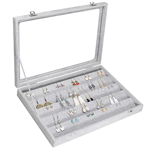 Siveit Earring Organizer Tray Velvet Earring Display Organizer Storage Box Premium 110 Slot 55 Pair Earring Display Organizer with Transparent Glass Cover Suitable for Women and Girls (Grey) - color: Grey