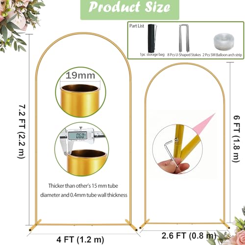 Metal Arch Backdrop Stand 7.2FT+6FT Wedding Arch Backdrop Stand Set of 2 Gold Arch Backdrop Stand for Valentines Day Party Wedding Ceremony Baby Shower Birthday Floral Balloon Decration - size: 6ft + 7.2ft Stand Set
