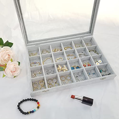 Removable 24 Grids Jewelry Organizer Box Ice Velvet Clear Lid Jewelry Tray Display Case for Earrings Rings Bracelet Grey - color: 24 Grids