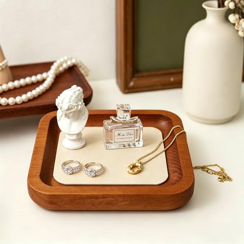 Wooden Jewelry Display Tray Rounded Rectangle Ring Showcase Stackable Elegant Bracelet Watch Jewelry Organizer for Personal Use and Commerce (Old Lace, Small-W 3.9'' x H 0.6'' x L 3.9'') - color: Old Lace, size: Small-W 3.9'' x H 0.6'' x L 3.9''