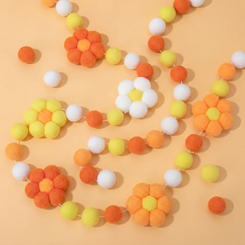 Tatuo 3 Pcs Spring 3D Pompom Ball Garland Pastel Daisy Sunflower Garlands Felt Floral Banner Hanging Flower Pastel Decor for Easter Holiday Birthday Party Boho Home Prop Photo(Floral,Orange) - color: Orange, style: Floral