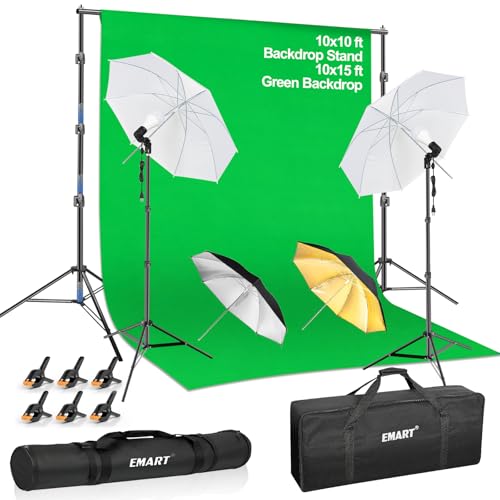 EMART 10X10 FT Green Screen Backdrop Kit, Photography Umbrella with 5500K Bulbs, 10X15 FT Green Backdrop with Spring Clamps, Professional Photography Lighting kit for Studio, Portrait, Video Shooting - color: Green, size: 10*10ft Stand/10*15ft Backdrop
