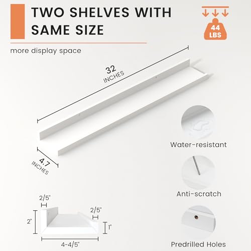 FLYJOE Picture Ledge Shelf, Floating Shelves Set of 2, 32 Inches Nursery Book Shelves for Toys Storage, Kids Bookshelf Wall Mounted for Living Room Bedroom Decor Books Photo Frames, White - color: White, size: 32'', Set of 2