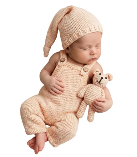 Newborn Photoshoot Outfits Crochet Bear Hat & Romper Set for Baby Boys Girls - Handmade Photo Props Outfits - color: Creamy