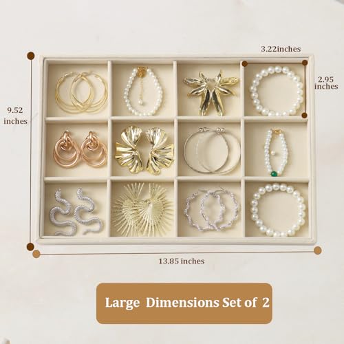 Large Velvet Jewelry Tray 2 Pack Stackable Jewelry Display Drawer Inserts Trays Organizer for Earring Bracelet Necklace Ring (Beige, 12 Grids) - color: Beige, size: 12 Grids