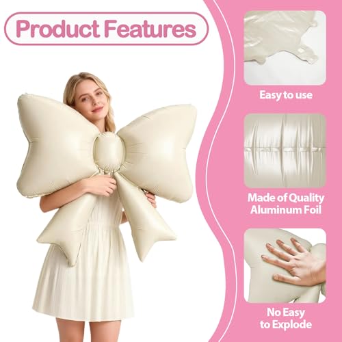 6PCS Cream Bow Balloons, 35 Inch Beige Bow Foil Balloon, Cream White Matte Helium Balloons, for Girls Women Birthday Wedding Engagement Valentine’s Day Proposal Baby Shower Party Decoration - style: Matt Bow Cream