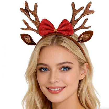 Christmas Antlers Headband Brown Reindeer Ears Head Band for Women Cute Bow Hairband Xmas Holiday Hair Accessories Gift Costume Party Favors - color: Christmas Antlers