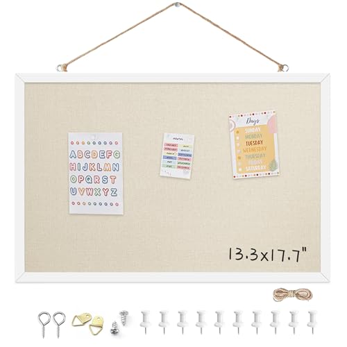13.3x17.7 InchCork Board for Wall Hanging with Linen, Bulletin Board with Push Pins, Mounted Memo Message Board for Home Office Decor, Dorm Room Essentials, Classroom Organization - color: Natural Wood Frame, size: 13.4" x 17.7"