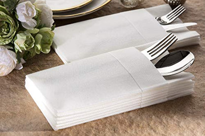 Moyes Home White Disposable Dinner Napkins with Pocket - Linen-Feel Pre-Folded Cloth-Like Paper Napkins for Silverware, Weddings, Dinner Parties, 16x16 in, Pack of 50 - color: White
