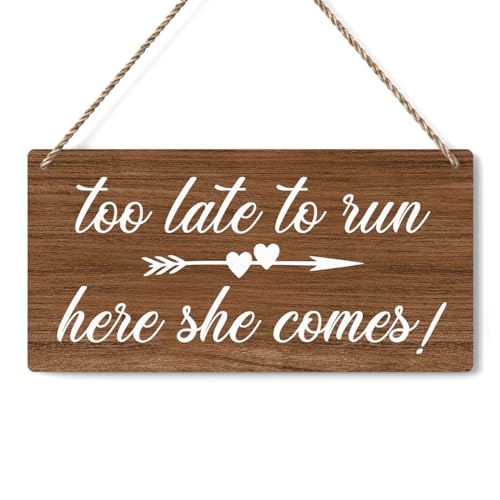Rustic Wedding Sign Here She Comes, Ring Bearer Sign, Funny Wedding Decor Weddings Stuff Engagement Decorations 12x6 Inches (Brown) - color: Here She Comes