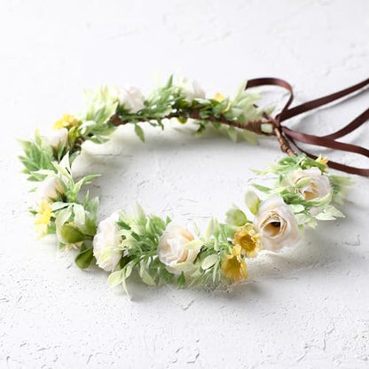 Girls Rose Flower Crown - White Boho Flower Headband Bridal Wreath Popular Floral Headpiece for Women Wedding, Baby Shower, Family Photos and Fancy Gala - color: Yellow White