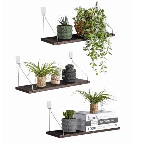Floating Shelves Set of 3 Rustic Solid Wood Floating Shelf Wall Storage Shelves for Living Room, Bedroom, Bathroom, Kitchen Laundry, Office.no Drill Shelf(Retro Color L+L+L) - color: Retro Color, size: L+L+L