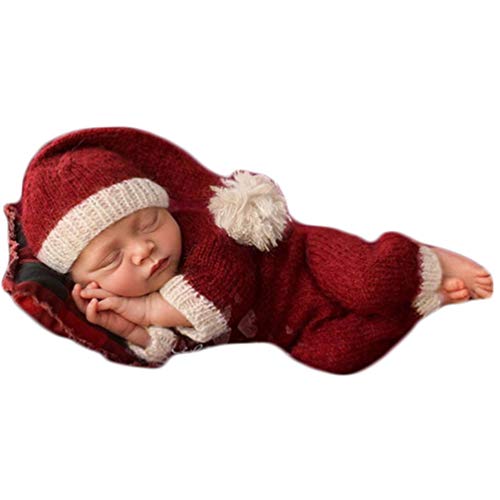 Christmas Newborn Baby Photo Shoot Props Outfits Crochet Clothes Santa Claus Red Hat Pants Photography Props - color: Red and White