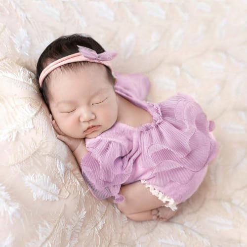 Newborn Photography Outfits Girl, Baby Girl Photo Props, Newborn Photoshoot Ruffles Outfits with Headband - color: Purple