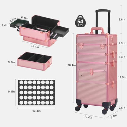 Somduy Rolling Makeup Case with Drawer, Makeup Train Case, 4 in 1Cosmetology Case on Wheels, Christmas Gift, Large Makeup Case Organizers, Profesional Cosmetic Case for Salon Barber, Light pink - color: Light pink