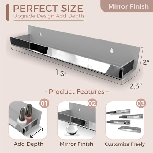 4 Pack 15 Inch Black Reflective Acrylic Shelves, Black Floating Shelves, Modern Sunglasses Essential Oil Picture Ledge Display Toy Storage Shelf - color: 15in-black Mirror