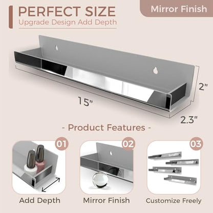 4 Pack 15 Inch Black Reflective Acrylic Shelves, Black Floating Shelves, Modern Sunglasses Essential Oil Picture Ledge Display Toy Storage Shelf - color: 15in-black Mirror