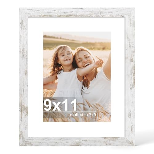 Hongkee 9x11 Picture Frame with Glass, Display Pictures 7x9 with Mat or 9 x 11 without Mat - Wall and Tabletop, 9 by 11 Photo Wooden Frames (Distressed White, 1 Pack) - color: Distressed White, size: 9X11 in
