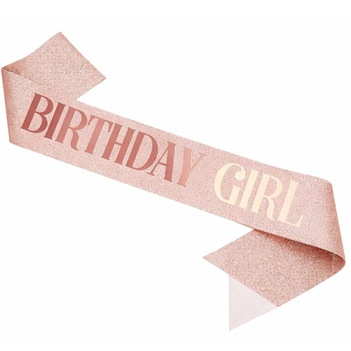Rose Gold Glitter Birthday Sash – Adjustable Satin Sash for Women, Teens & Adults – Fun Party Decoration & Photo Prop for 18th, 21st, 30th, 40th, 50th Birthdays - color: Rose Gold Glitter