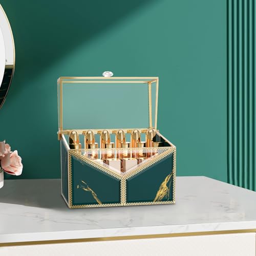 CoralHouse Glass Lipstick Organizer, 18-Slot Green Vanity Makeup Holder for Lipsticks & Nail Polish, Removable Dividers, Vintage Cosmetic Storage Display Box - color: Green