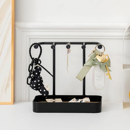 esowemsn 1PC Black Desktop Jewelry Organizer Stand Plastic Earring Holder Keychain Bracelet Holder with Wooden Tray 5 Hooks Necklaces Hanging for Necklaces,Bracelets,Chains,Rings,Earrings,Keys - color: Black