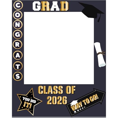 RattanView 2026 Graduation Photo Booth Props Frame Class of 2026 Congrats Grad Selfie Picture Frame, Cardboard Large Photo Booth Prop for High School & College Graduation Party Decorations - style: Grad