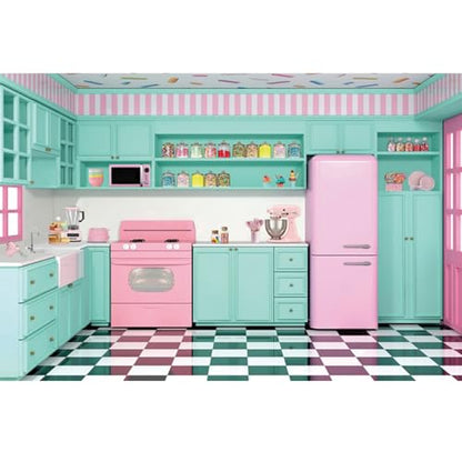 YongFoto Pink Green Retro Kitchen Backdrop 6x4ft Cooking Baking House Photography Background Cake Smash Sweet Baby Girl Birthday Party Banner Kids Portraits Photoshoot Wallpaper Booth Props - size: 6ftx4ft