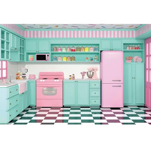 YongFoto Pink Green Retro Kitchen Backdrop 10x5ft Cooking Baking House Photography Background Cake Smash Sweet Baby Girl Birthday Party Banner Kids Portraits Photoshoot Wallpaper Booth Props - size: 10ftx5ft
