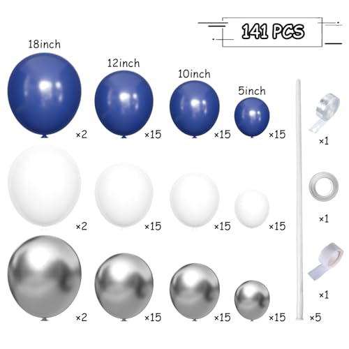 MEBAY Blue White Silver Balloons Garland Arch Kit, 141Pcs Latex Balloons Different Sizes 18 12 10 5 Inch for Birthday Anniversary Graduation Wedding Party Decorations - color: 141-blue-white-silver