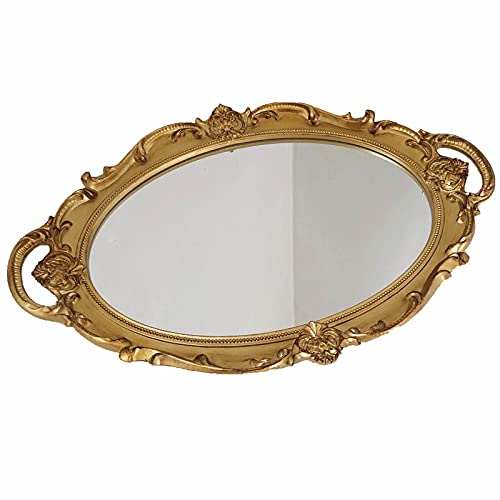 Schones Geschaft Decorative Mirror Tray, Makeup Jewelry Perfume Organizer，Vintage Oval Display and Serving Tray for Bedroom Living-Room Dresser Decor (14.6”x 9.8”) (Golden - Oval) - color: Golden - Oval