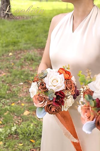 Lookein Set of 4 Bridesmaid Bouquet for Wedding 7 Inch Artificial Flowers Bouquet Wedding Bouquet Bridal Bouquet Tossing Bouquet for Wedding Ceremony Anniversary Bridal Shower, Chic Terracotta - color: 7" Chic Terracotta