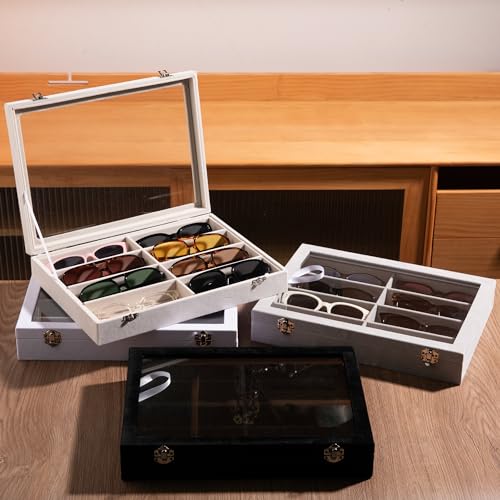 Frebeauty Sunglass Organizer,Velvet Glasses Organizer,8-Slot Sunglasses Tray with Clear Lid,Men's/Women's Sunglasses Box,Sunglass Case,13.3 x 9.6 x 2.2 Inches,Eyeglass/Eyewear Display Tray(Beige) - color: Beige, style: With Lid