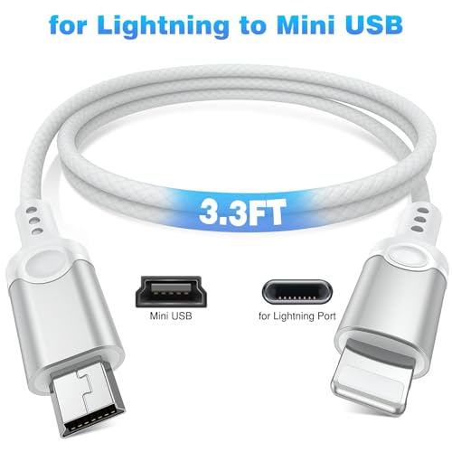 for Lightning to Mini USB Camera Adapter Cable MFi-Certified for iPhone 14 13 12 11 XR 7 Plus Import Photos Video Mini-B USB DSLR Camera OTG Cable for Canon 100D/Nikon D610, Nylon Braided Cord 3.3ft
