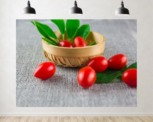 Trykid 6x4ft Fresh Goji Berries Bamboo Bowl Backdrop Organic Fruit Texture Photography Background Health Food Party Decoration Tapestry Photo Booth Prop Fabric - size: 6x4ft
