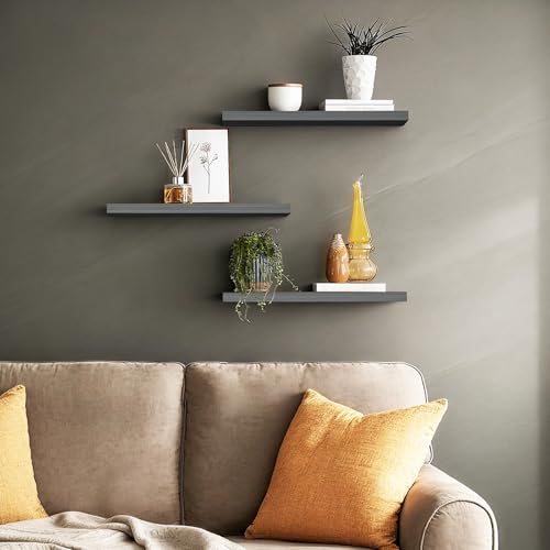 BAYKA Grey Floating Shelves for Wall, Set of 3, Wall Mounted Rustic Wood Shelves for Bathroom, Bedroom, Living Room, Kitchen, Small Hanging Shelf for Books/Storage/Room Decor, 15.7in - color: F. Grey - Industrial Edge Style, size: 15.7inches