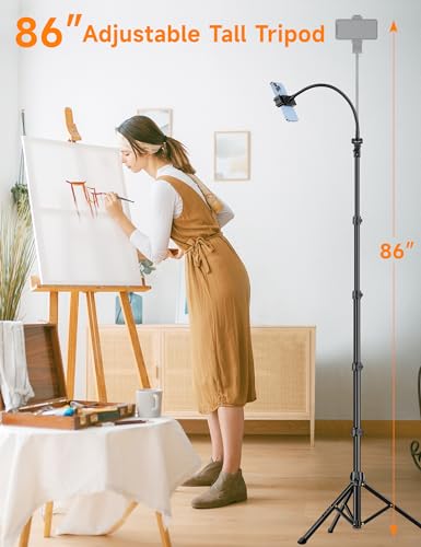 Phone Tripod, 86" Tall Tripod for iPhone with Flexible Gooseneck & Remote, Portable Aluminum Cellphone Stand for Selfies, Video Recording,Travel, Compatible with iPhone Android - size: 86 Inch