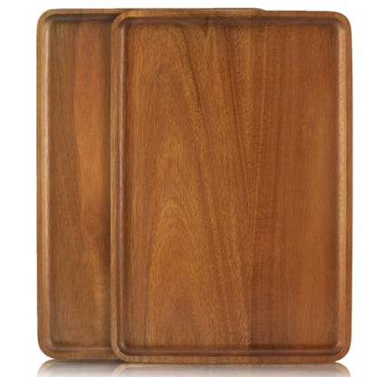 2 PCS Solid Acacia Wood Serving Trays 16 * 12 inch Rectangular Wooden Serving Platters Natural Wooden Boards for Bar Coffee Party - color: Brown, size: 16*12 inch