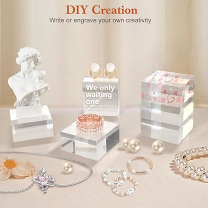 SAMYUCHO Acrylic Base 4 Pieces Acrylic Blocks for Display 2 X 2 X 1 Inch Square Riser Display Stands Trophy Base Pedestal Stands Clear Cube for Trophy Jewelry Props Food Party Crafts