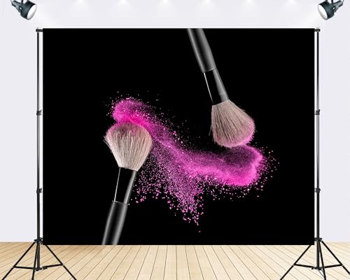 Trykid 8x6ft Makeup Brush Pink Powder Backdrop Black Background Cosmetic Scenery Photography Background Wedding Beauty Party Decoration Tapestry Photo Booth Prop Fabric - size: 8x6ft