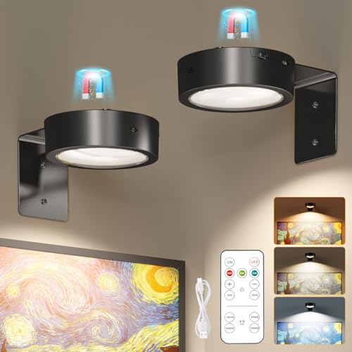 Brightown 2-Pack Picture Lights for Wall, Magnetic Art Display Picture Lights with Remote, 3 Lighting Modes Battery Operated Picture Light, Dimmable & Timer Art Wall Lights for Pictures, Black - size: 2PACK