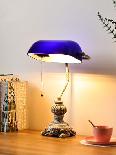 Retro Blue Glass Bankers Desk Lamp for Home Office,Library with Pull Chain Switch Plug in Fixture, LED Bulb Included - color: Antique +Blue