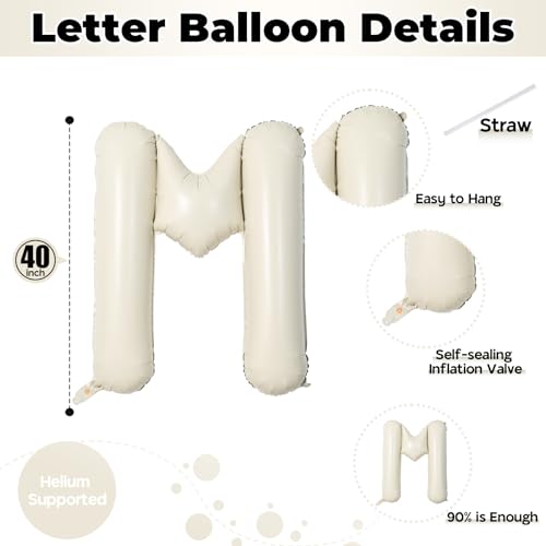 Big Letters Balloon M - 40 Inch Cream White Sand Helium Mylar Custom Name Alphabet Balloons, Self Inflating Beige Foil Custom Letters for Girls Birthday Party Decor - color: Cream, size: Letter M