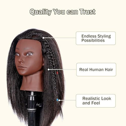Mannequin Head Human Hair, 16inch, with 100% Human Hair, Cosmetology Doll Head for Hairdresser Practice Braiding Hair Styling, with Table Clamp Stand and Tools