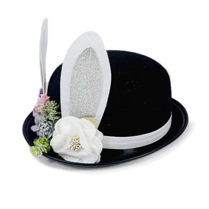 Cute Easter Bunny Ear Top Hat for Adults Rabbit Ears Cosplay Bucket Hat with Artificial Flower Costume Accessory - color: Black