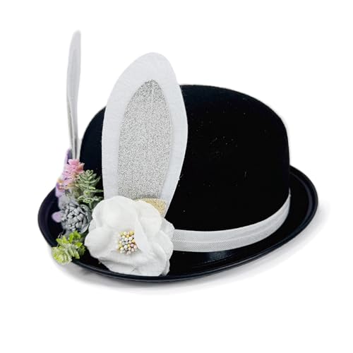 Cute Easter Bunny Ear Top Hat for Adults Rabbit Ears Cosplay Bucket Hat with Artificial Flower Costume Accessory - color: Black