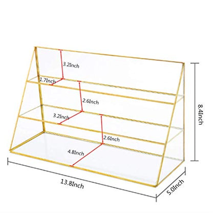 Yamfurvo 3-Tier Glass Triangular Prism Shaped Home or Retail Display Showcases, Jewelry Display Stands with Vintage Style Brass Tone Metal Frame (Large)
