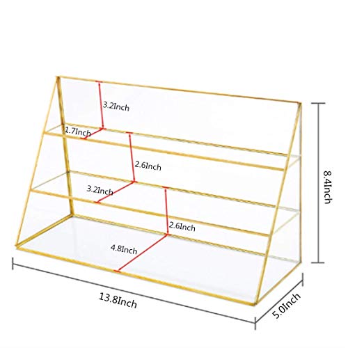 Yamfurvo 3-Tier Glass Triangular Prism Shaped Home or Retail Display Showcases, Jewelry Display Stands with Vintage Style Brass Tone Metal Frame (Large)