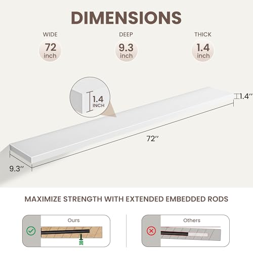 72 Inch Floating Shelves for Wall Set of 2,9.3" Deep Wall Shelves,Rustic Wood Wall Mounted Book Shelves with Invisible Brackets,Extra Long Floating Shelf for Living Room,Laundry Room,Bedroom,White - color: White, size: 72 Inch,set of 2