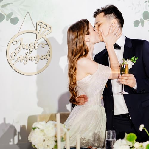 Youyole Just Engaged Wooden Sign 13.78'' x 11.22'' Diamond Ring Wood Cutout Sign Wedding Engagement Party Decorations Photo Booth Props with Hanging Rope Bridal Shower Rustic Hanging Decor - style: Just Engaged